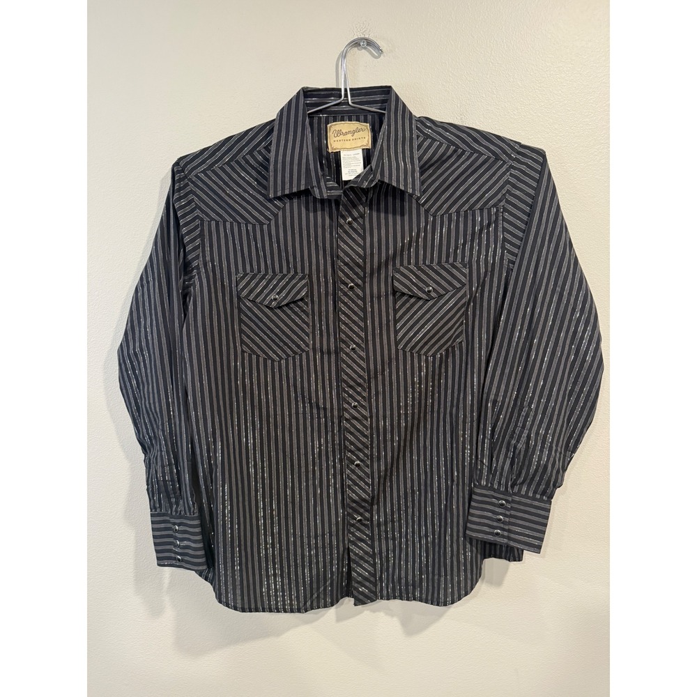 Wrangler Western Shirt Mens XL Black Grey Metallic Stripe Pearl Snap Long Sleeve